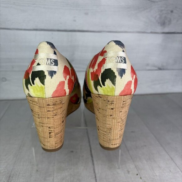Toms STELLA Abstract Floral Canvas Peep Toe Cork Wedge Heel Slip On Shoes Size 9 - Picture 6 of 16